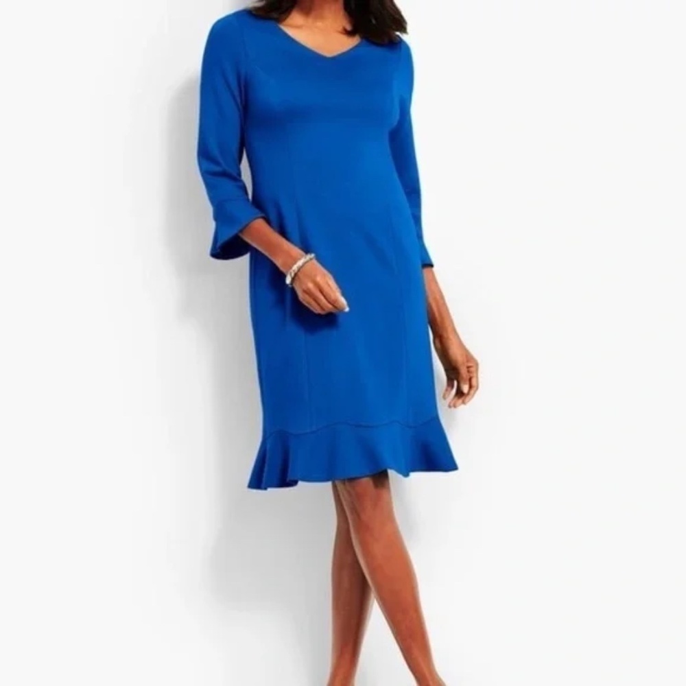 Vera Fishbaugh V Neck Midi Sheath Stretch Dress Navy Scalloped Hem, Size XL‎
